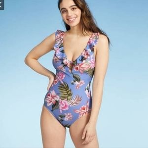 NWT ruffle shoulder floral one piece swimsuit